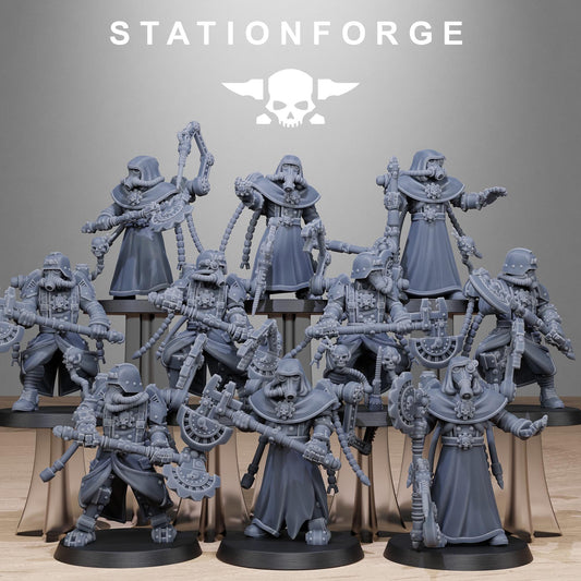GrimGuard Tech Engineers, Space Techno-bots, modular Sci-Fi warriors by STATIONFORGE, Sci-Fi Wargames Cyber-themed Grimdark miniatures