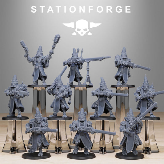 Scavenger Hooded Cultists, Space Techno-bots, modular Sci-Fi warriors by STATIONFORGE, Sci-Fi Wargames Cyber-themed Grimdark miniatures