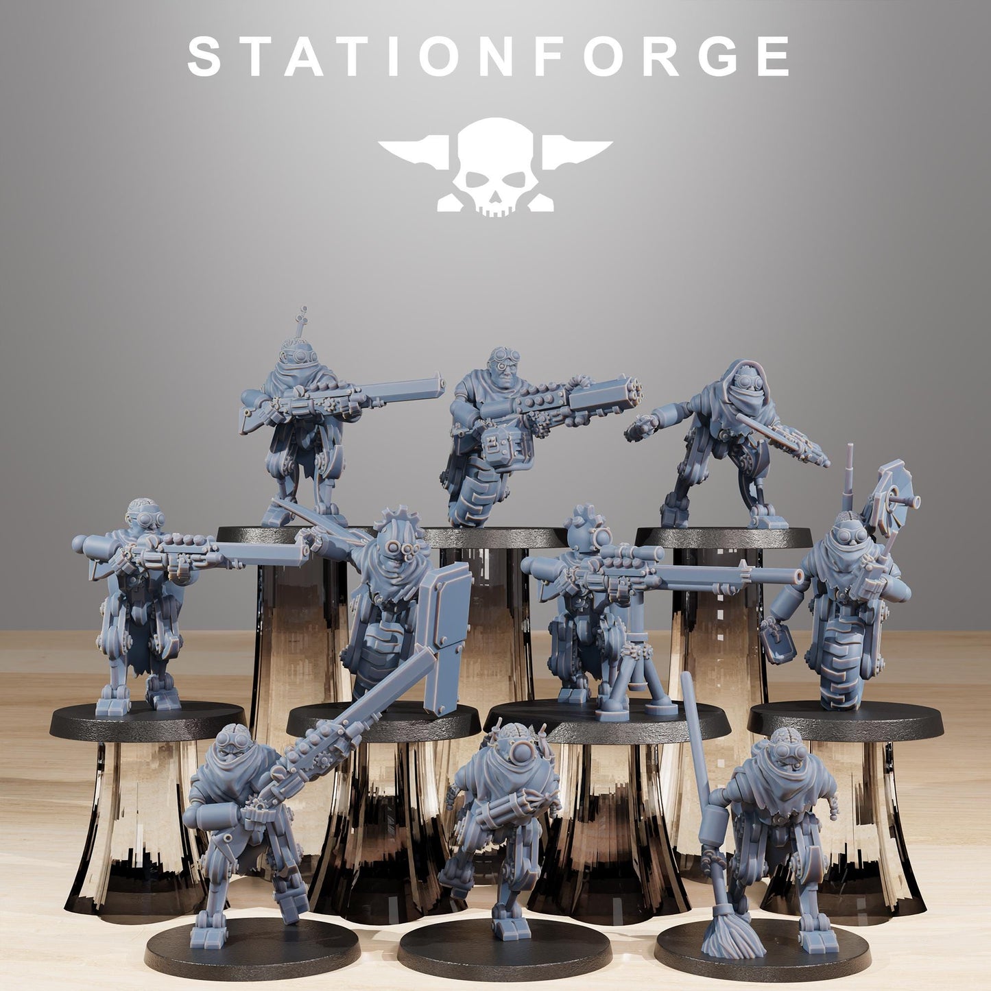 Scavenger Halflings, Space Techno-bots, modular Sci-Fi warriors by STATIONFORGE, Sci-Fi Wargames Cyber-themed Grimdark miniatures