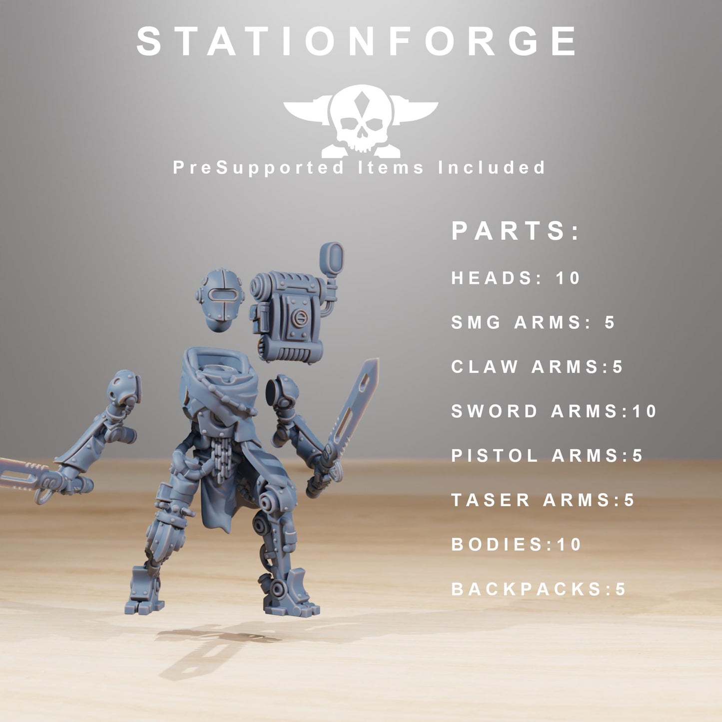 Scavenger Junkbots, Space Techno-bots, modular Sci-Fi warriors by STATIONFORGE, Sci-Fi Wargames Cyber-themed Grimdark miniatures
