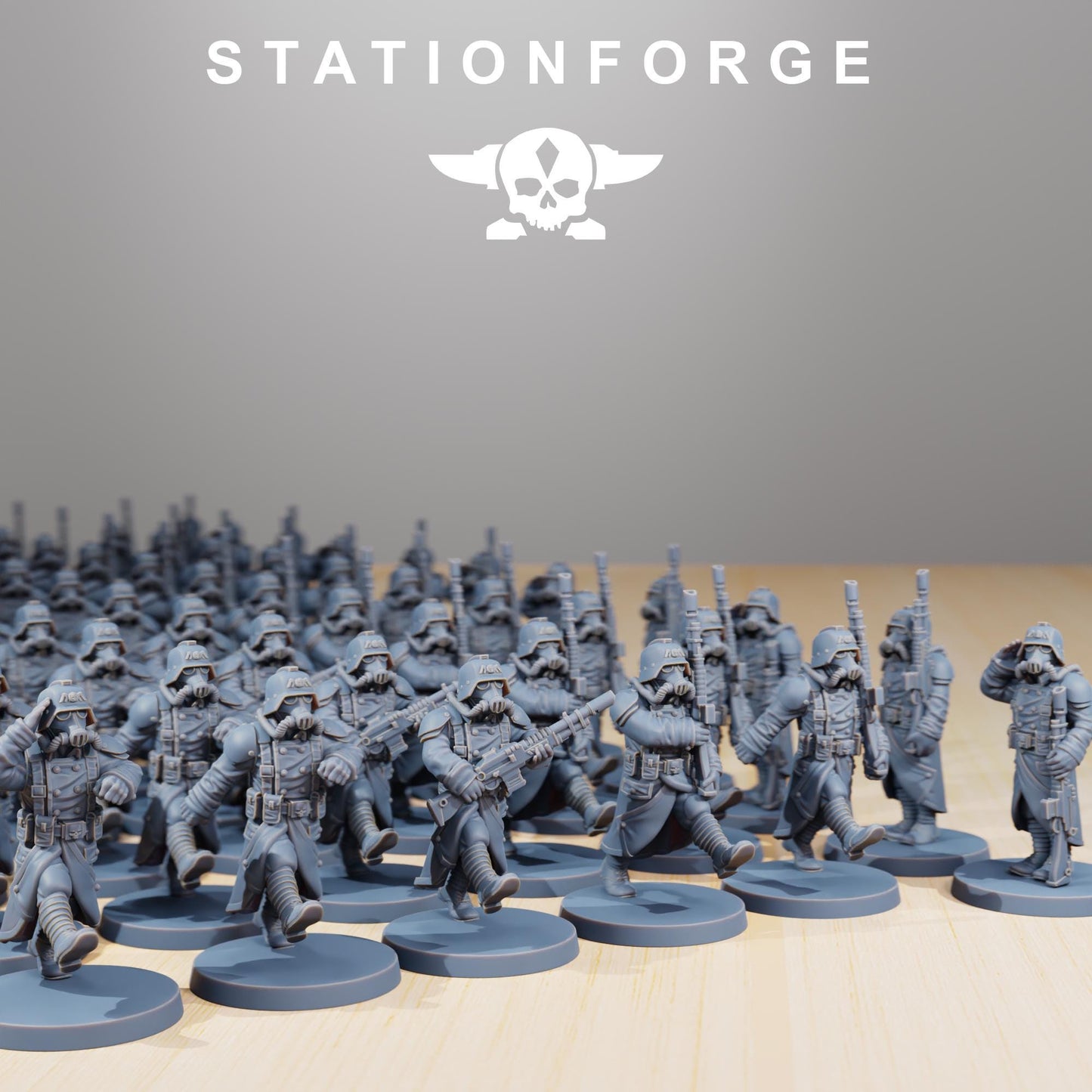 Grimguard Marching Poses, Death Korps Proxy, Sci-Fi Wargames Miniatures by STATIONFORGE