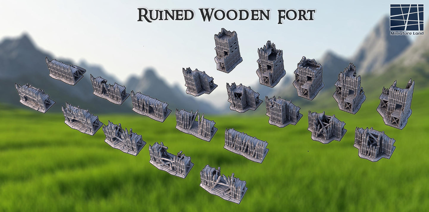 Ruined Wooden Fort - Tabletop Terrain - 28 MM, Tabletop 3D Printed Terrain by MiniatureLand, Perfect for Wargaming and RPGs