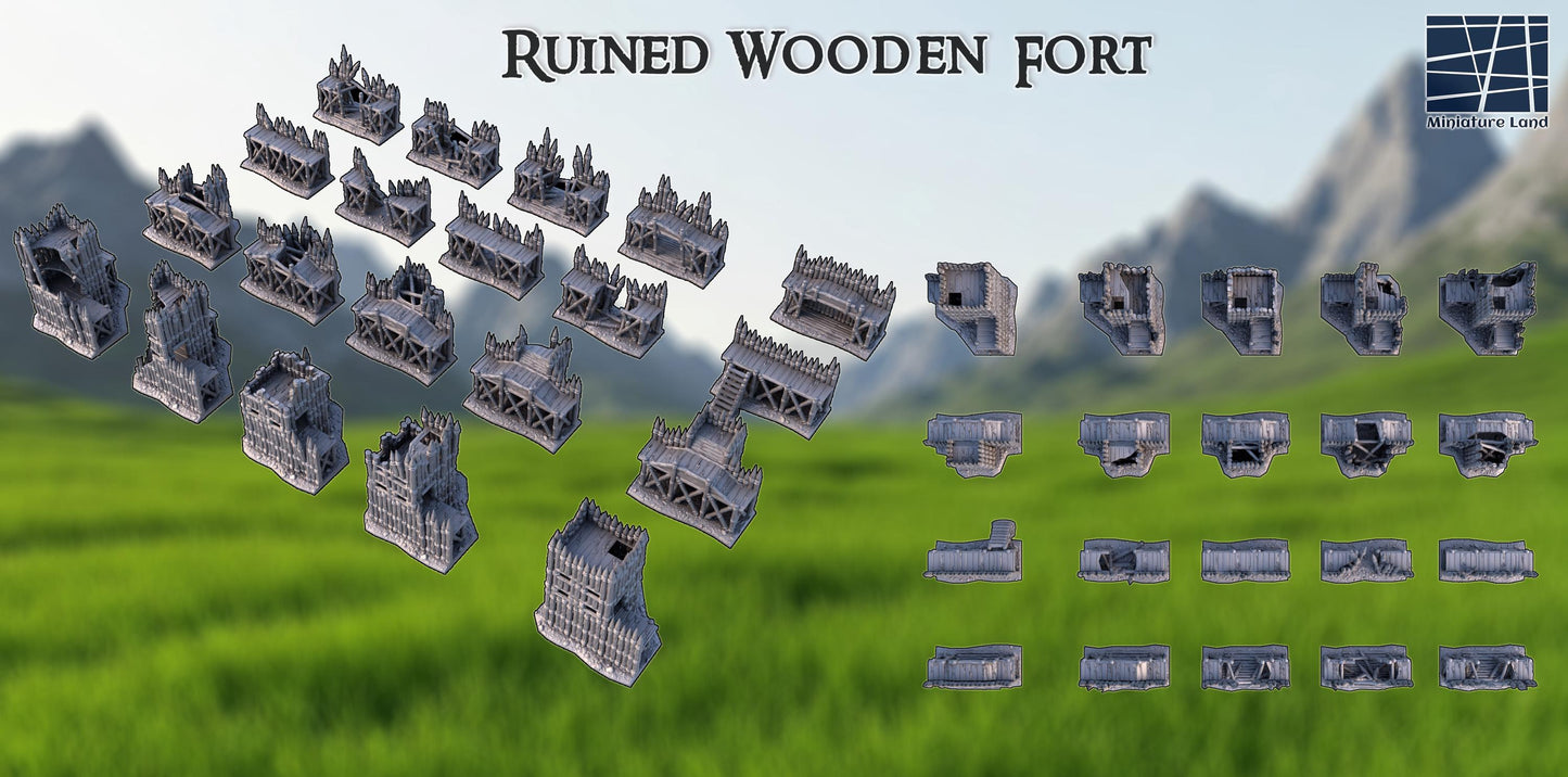 Ruined Wooden Fort - Tabletop Terrain - 28 MM, Tabletop 3D Printed Terrain by MiniatureLand, Perfect for Wargaming and RPGs