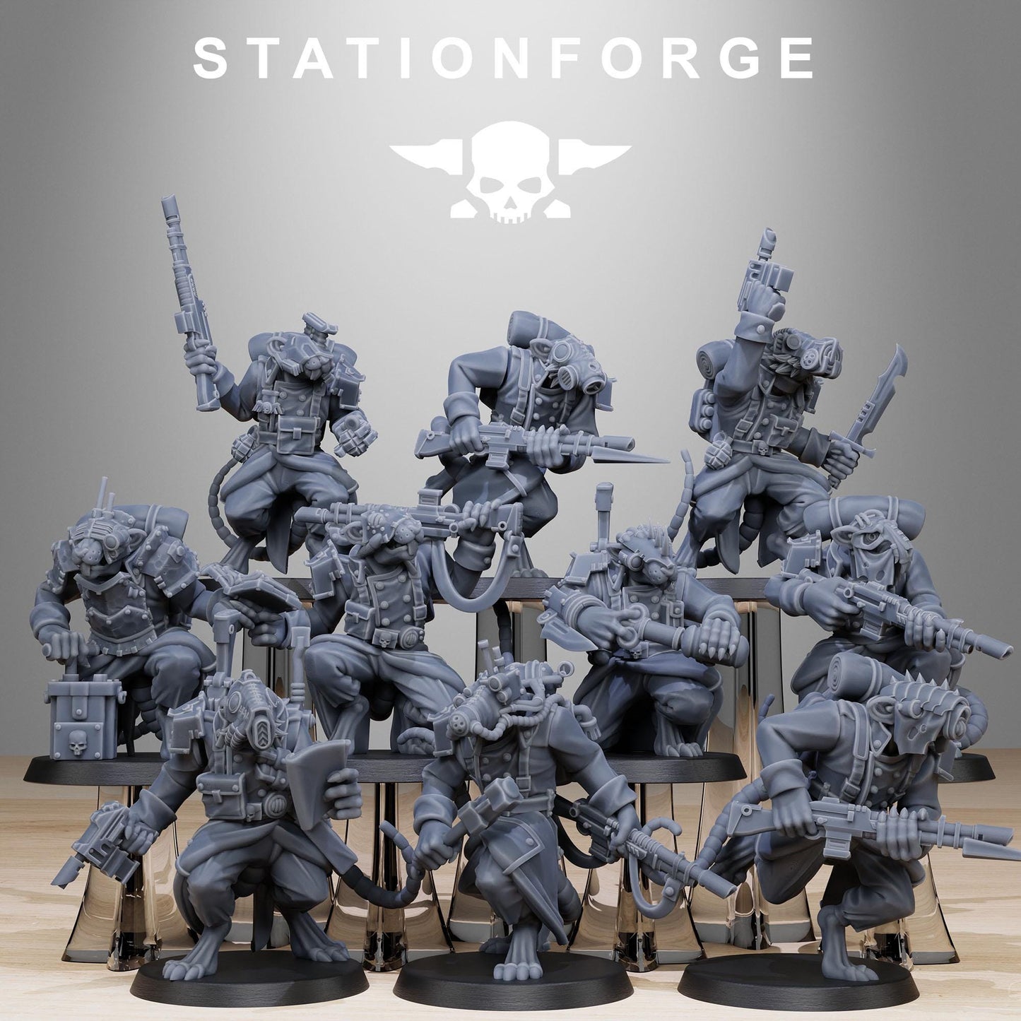 GrimGuard Raticus, Space Techno-Rats, monopose Sci-Fi warriors by STATIONFORGE, Sci-Fi Wargames Rat-Themed Grimdark miniatures