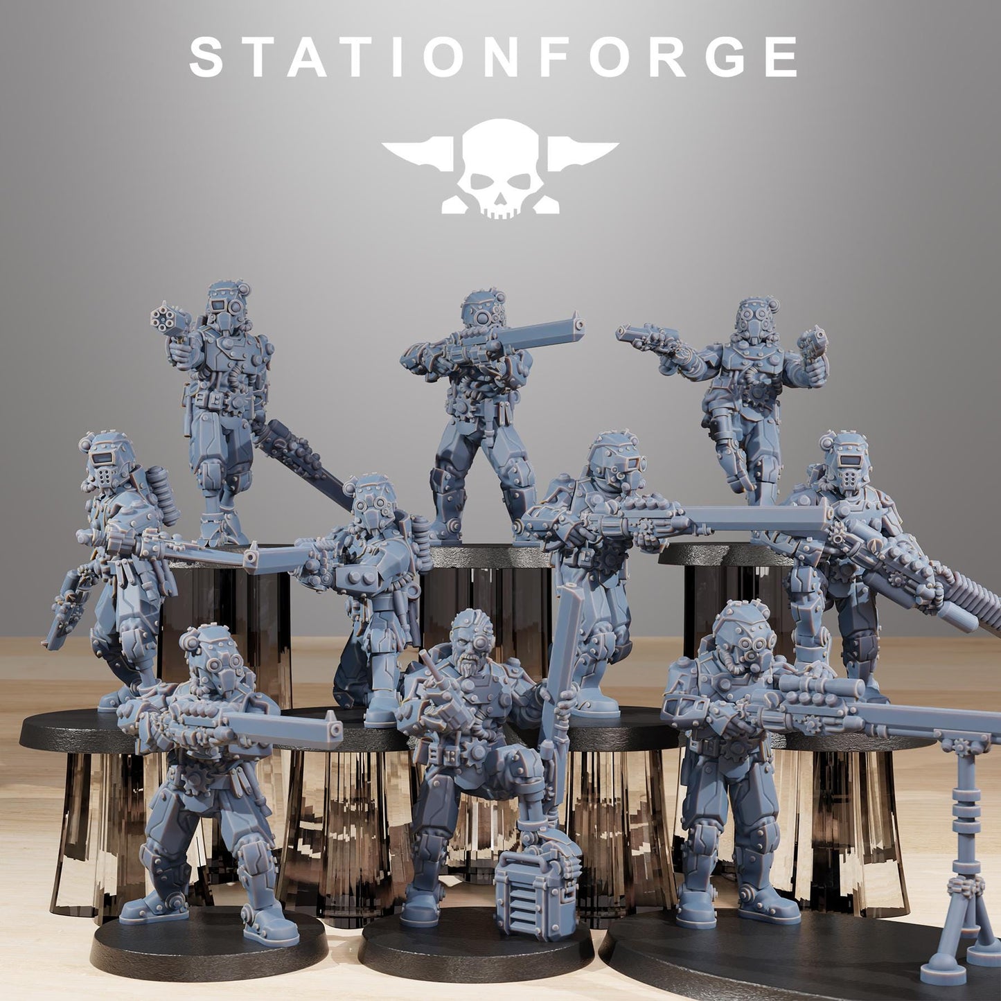 Scavenger Security Patrol, Space Techno-bots, modular Sci-Fi warriors by STATIONFORGE, Sci-Fi Wargames Cyber-themed Grimdark miniatures