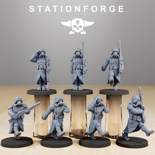 Grimguard Marching Poses, Death Korps Proxy, Sci-Fi Wargames Miniatures by STATIONFORGE