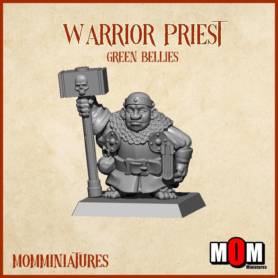 Halfling Warrior Priest 1, Green Bellies, Halfling Shire Defense Force by MoM Miniatures, perfect for Fantasy Wargames and Tabletop RPGs