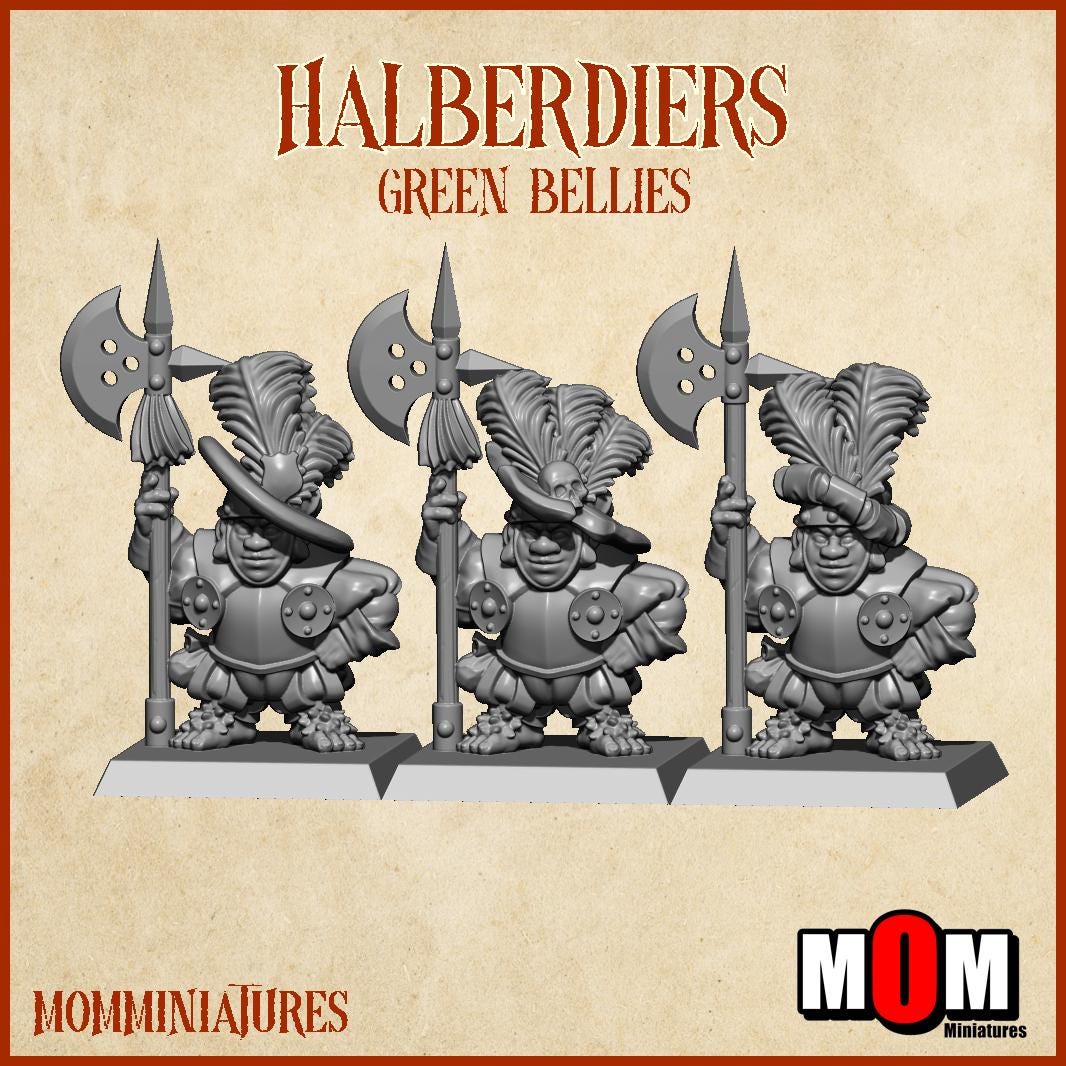 Halfling Halberdiers, Green Bellies, Halfling Shire Defense Force by MoM Miniatures, perfect for Fantasy Wargames and Tabletop RPGs
