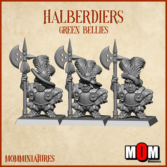 Halfling Halberdiers, Green Bellies, Halfling Shire Defense Force by MoM Miniatures, perfect for Fantasy Wargames and Tabletop RPGs