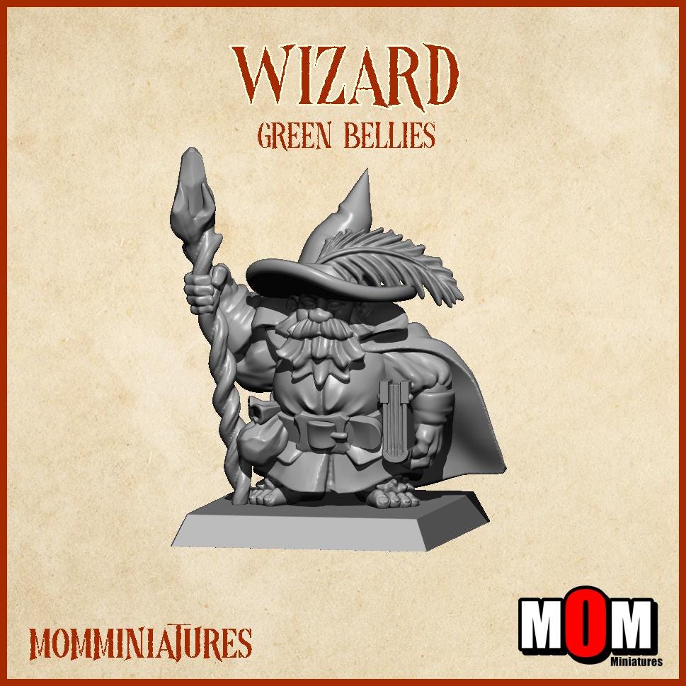 Halfling Wizard 1, Green Bellies, Halfling Shire Defense Force by MoM Miniatures, perfect for Fantasy Wargames and Tabletop RPGs