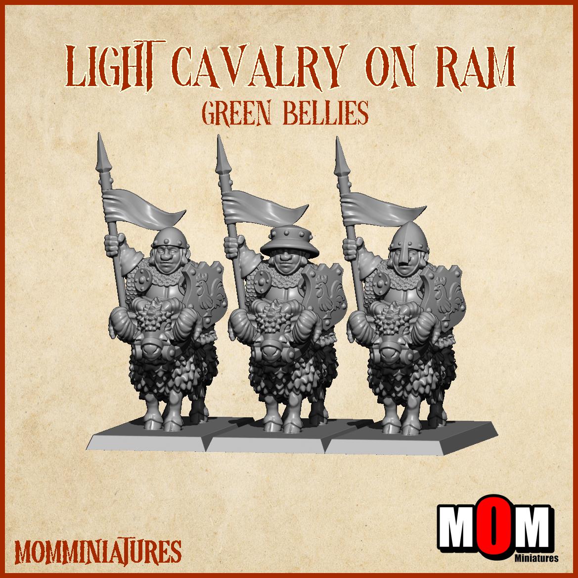 Halfling Light Cavalry on Ram, Green Bellies, Halfling Shire Defense Force by MoM Miniatures, perfect for Fantasy Wargames and Tabletop RPGs