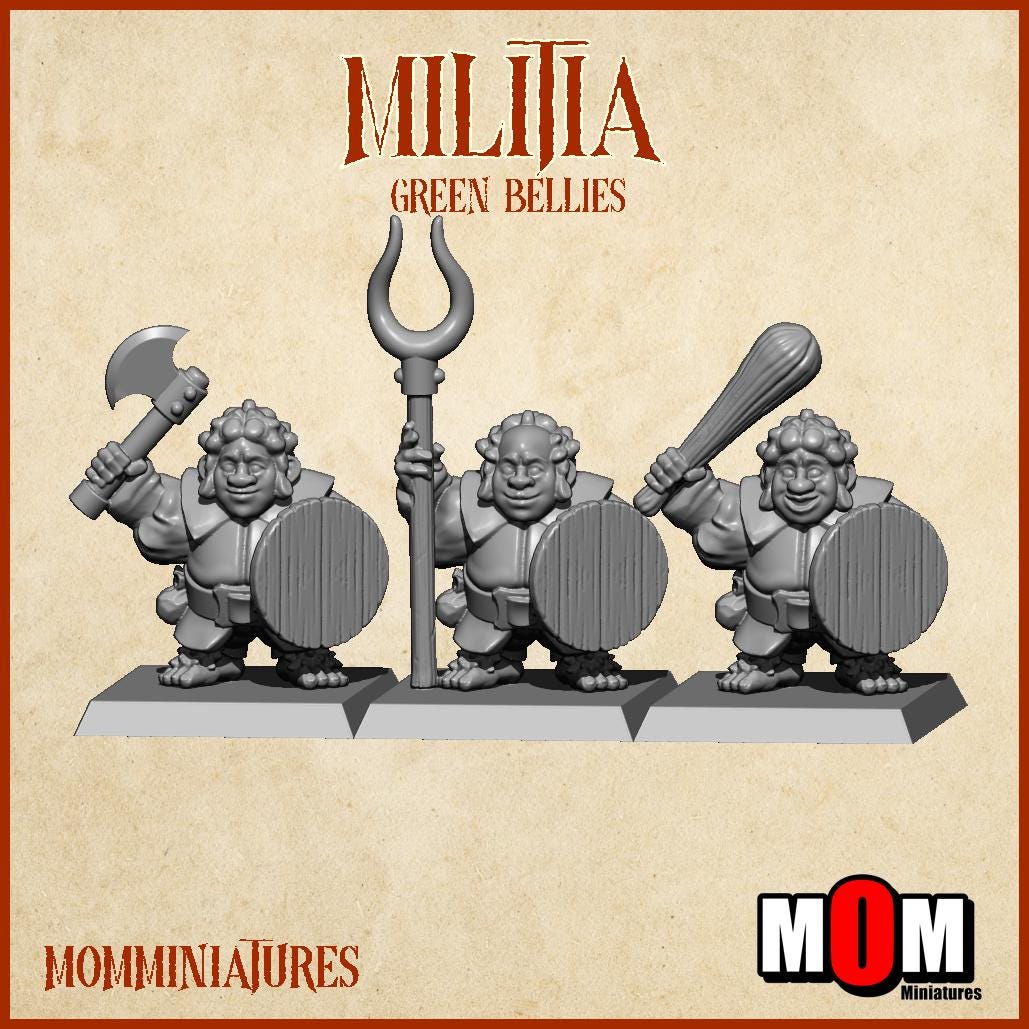 Halfling Militia, Green Bellies, Halfling Shire Defense Force by MoM Miniatures, perfect for Fantasy Wargames and Tabletop RPGs