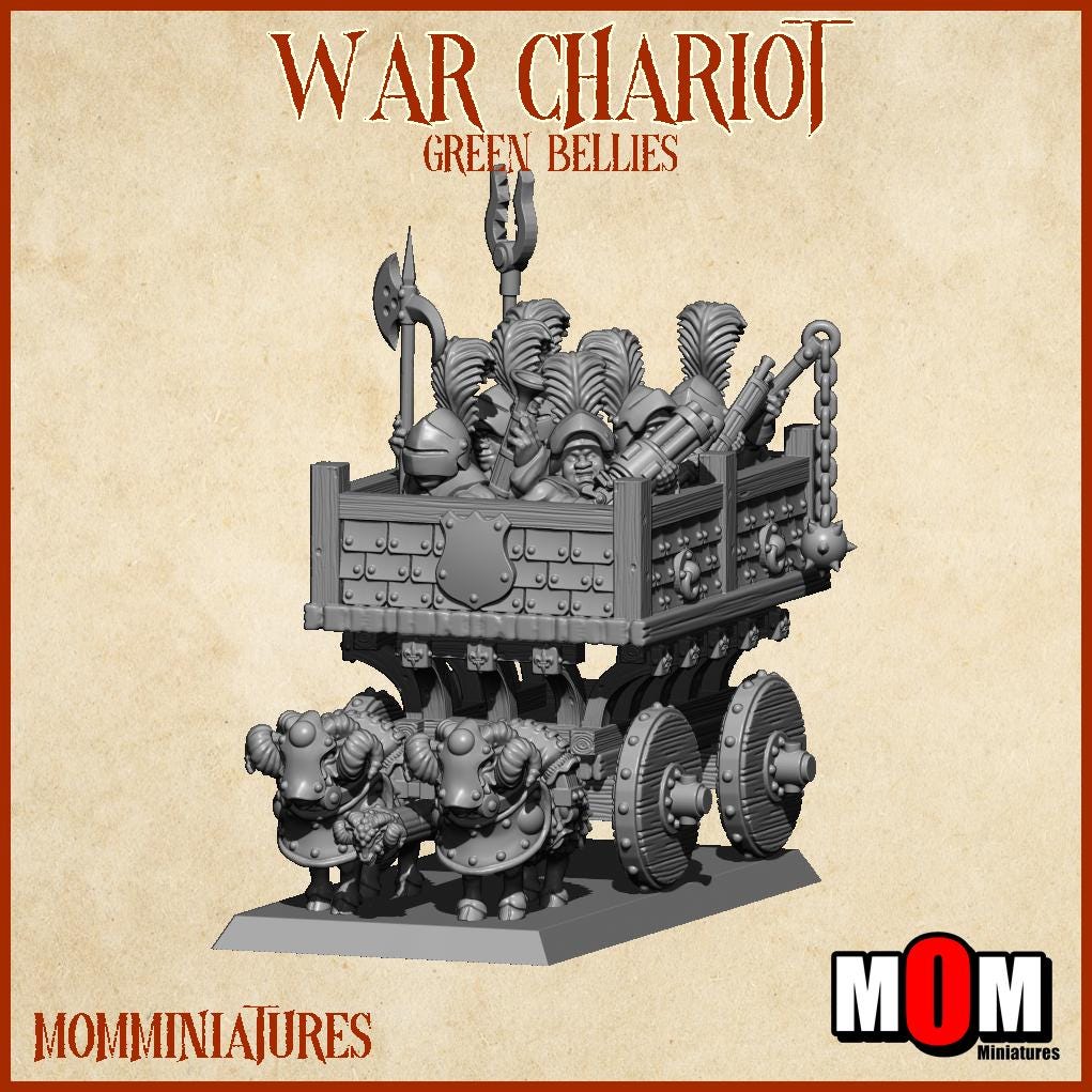 Halfling War Chariot, Green Bellies, Halfling Shire Defense Force by MoM Miniatures, perfect for Fantasy Wargames