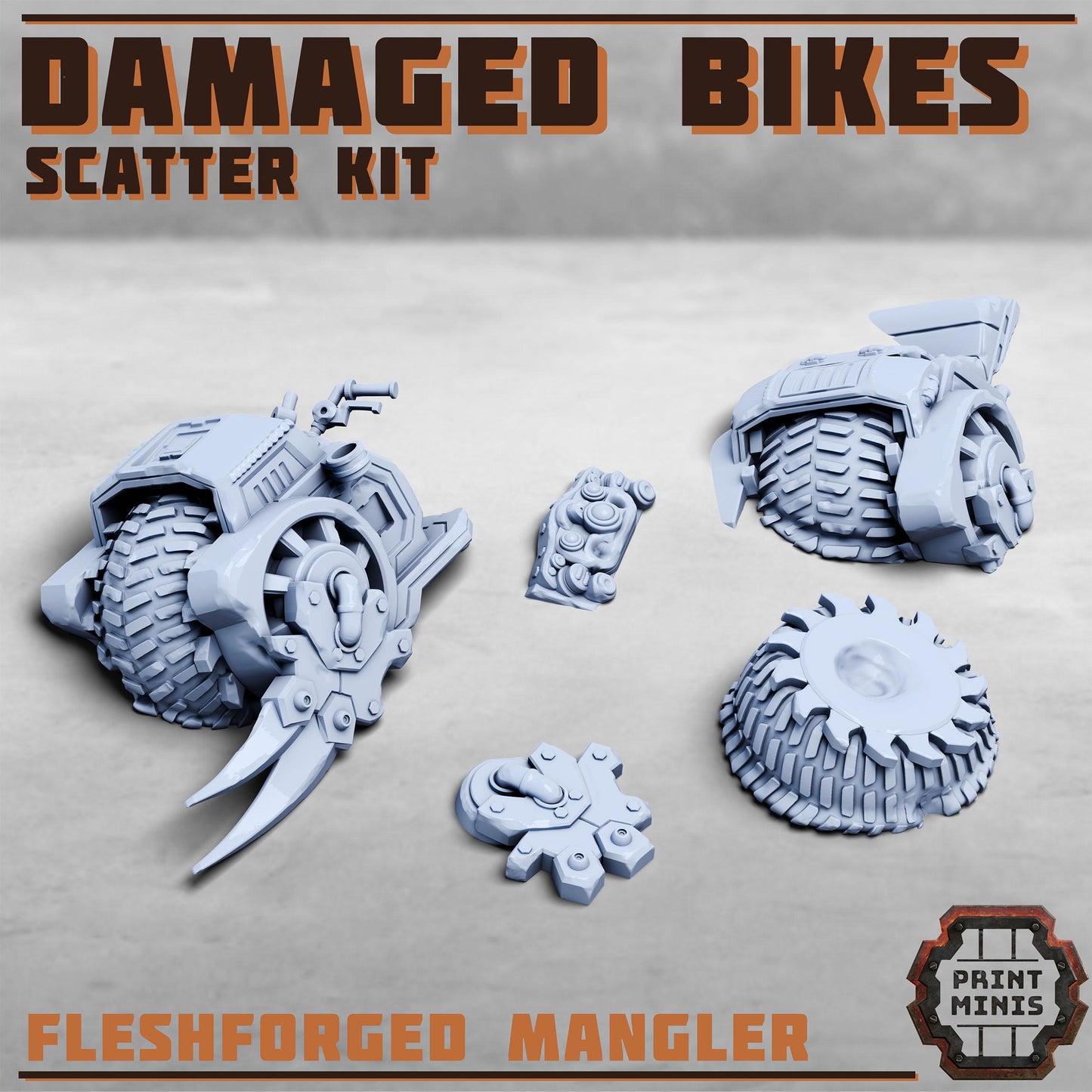 Destroyed Bikes Scatter Kit, Grimdark Conversion Parts and Basing Materials Sculpted by Print Minis