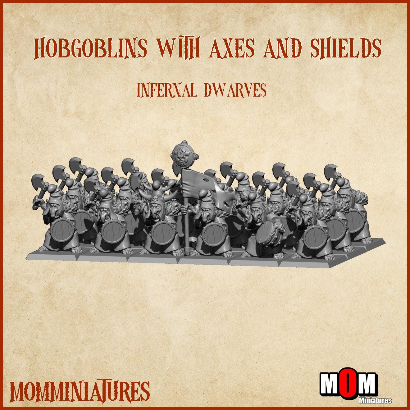 Hobgoblin with Axes and Shields, Fantasy Skirmish Miniatures by MoM Miniatures, perfect for Fantasy Wargames and RPGs