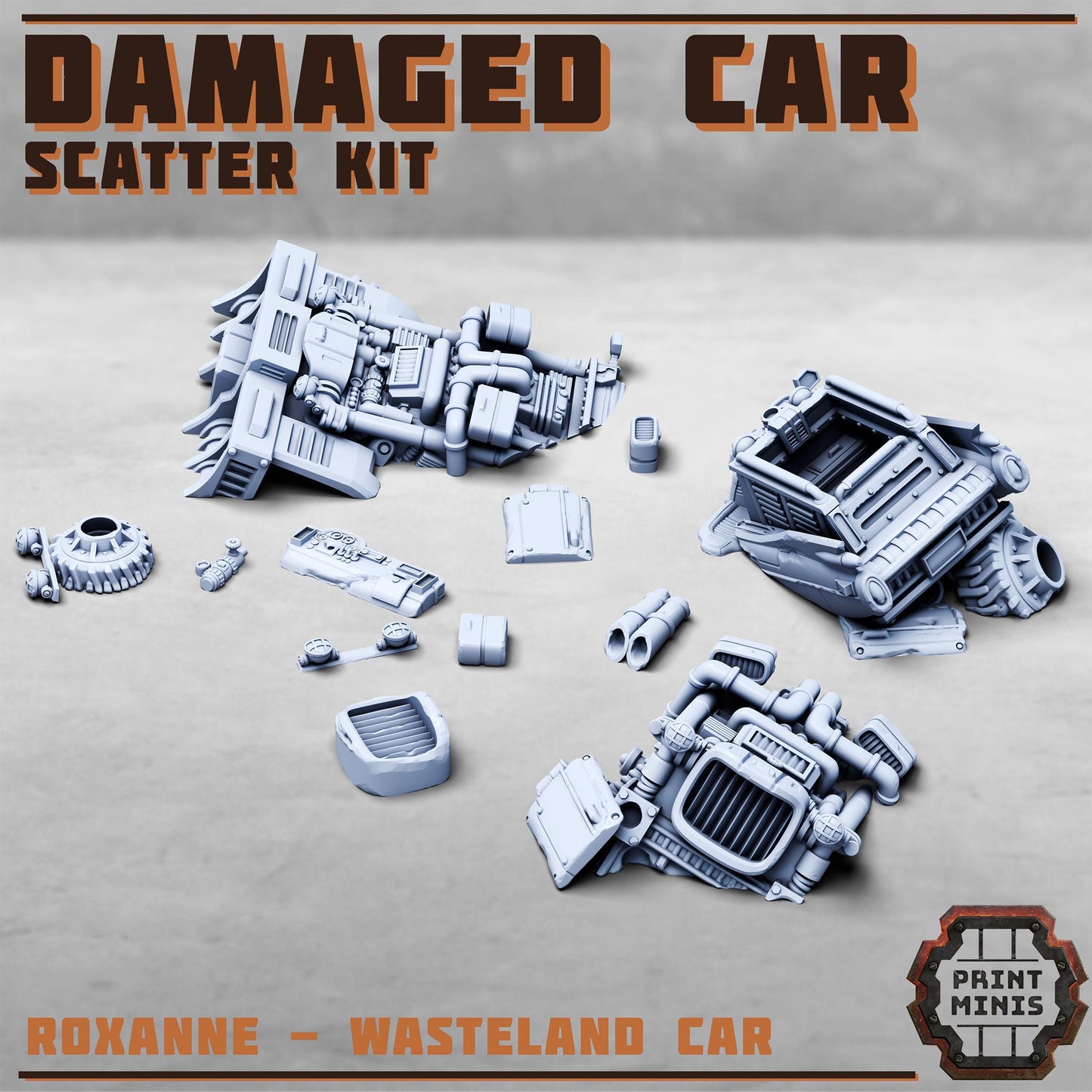 Damaged Car Scatter Kit, Grimdark Conversion Parts and Basing Materials Sculpted by Print Minis