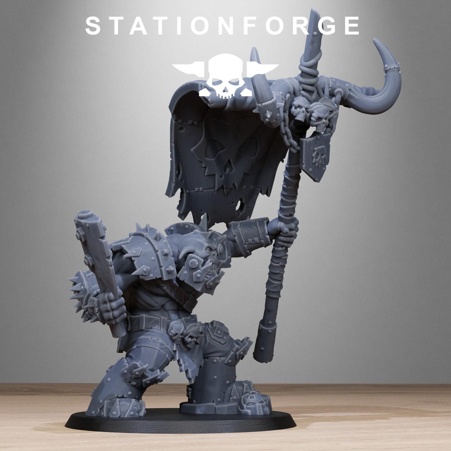 Orkaz Bearer Boss, Space-Faring Orkish Menace Sculpted by STATIONFORGE, Grimdark Compatible, Sci-Fi Wargame Scale