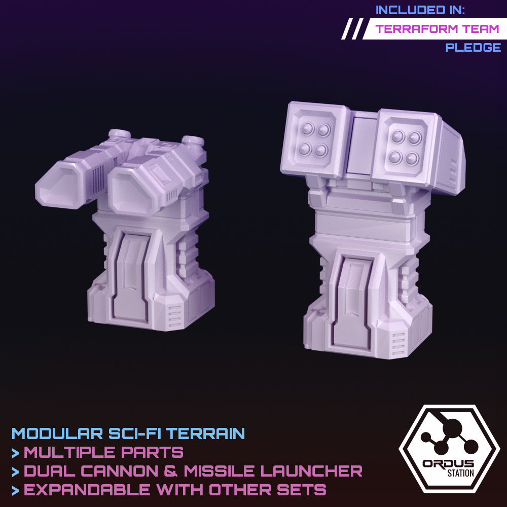 Ordus Station Turrets: Missile Launcher & Dual Cannon - Sci-Fi Grimdark Miniatures by Saucermen Studios, Wargame Scale 3D Printed