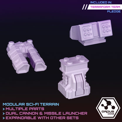 Ordus Station Turrets: Missile Launcher & Dual Cannon - Sci-Fi Grimdark Miniatures by Saucermen Studios, Wargame Scale 3D Printed - photo 2