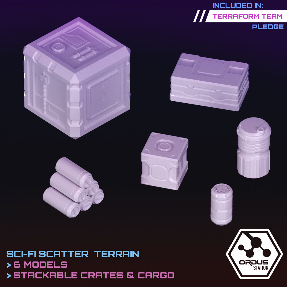 Ordus Station: Scatter Crates & Cargo - Sci-Fi Grimdark Miniatures by Saucermen Studios, Wargame Scale 3D Printed