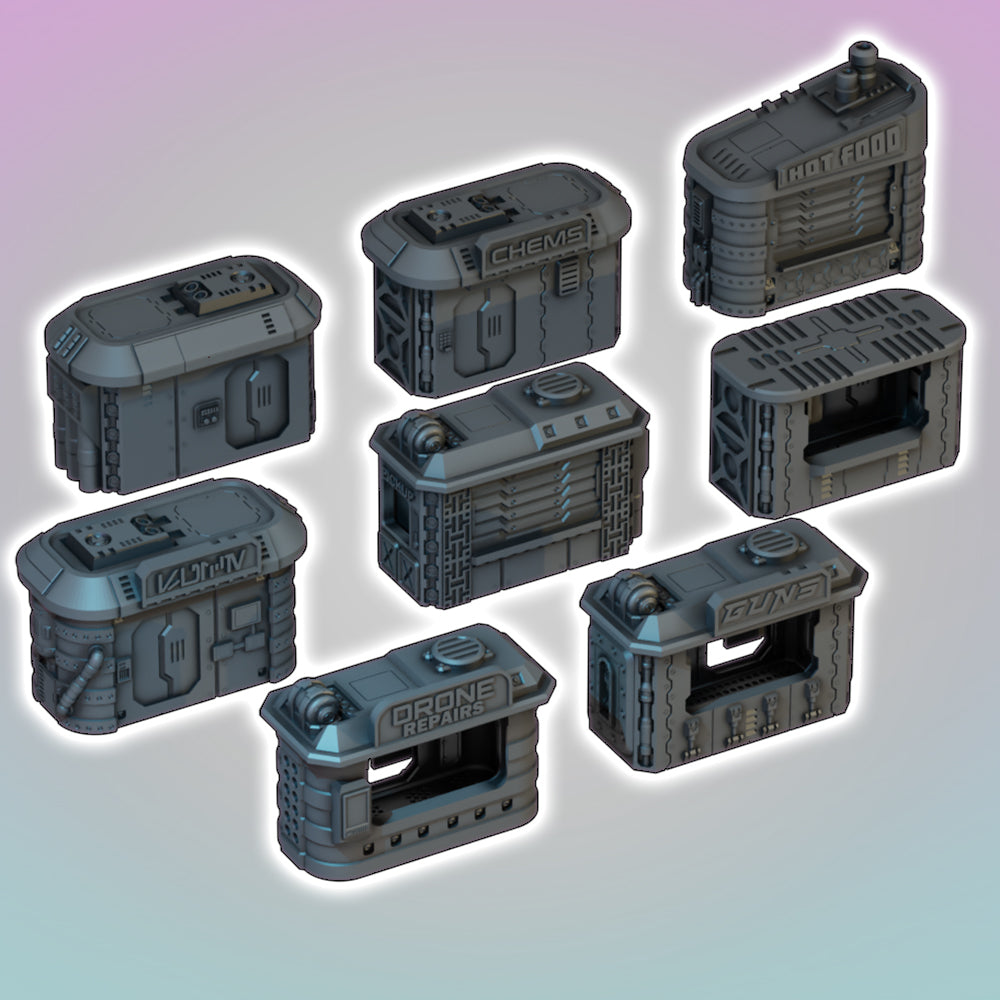 Flatline City: Street Vendor Kiosks - Sci-Fi Grimdark Miniatures by Saucermen Studios, Wargame Scale 3D Printed
