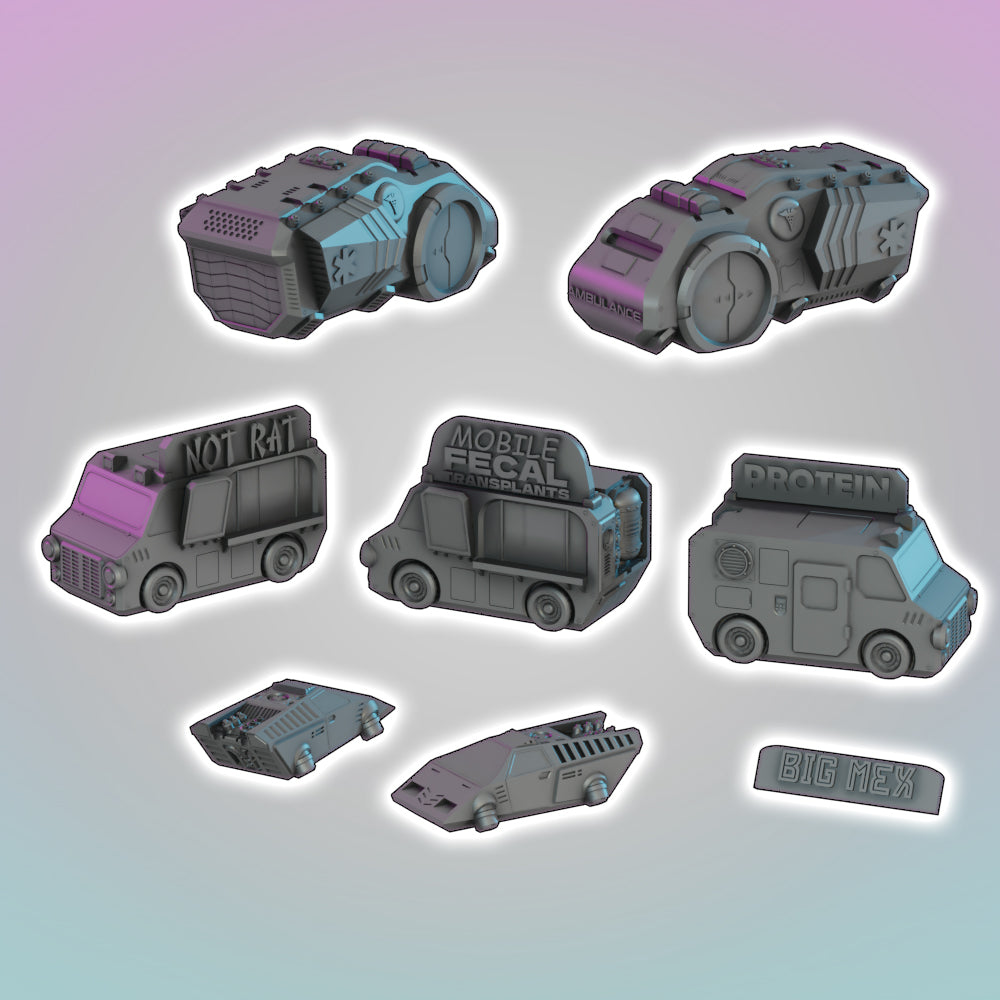 Flatline City: Scifi- Vehicles Pack - Sci-Fi Grimdark Miniatures by Saucermen Studios, Wargame Scale 3D Printed