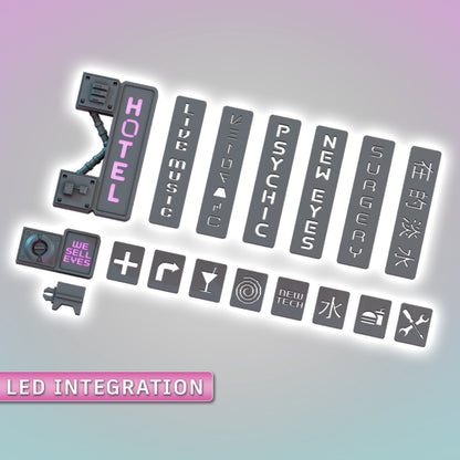 Flatline City: LED Integrated Signs - Sci-Fi Grimdark Miniatures by Saucermen Studios, Wargame Scale 3D Printed