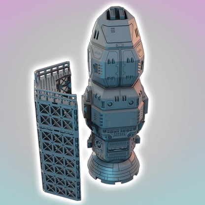 Flatline City: Second Wave - Rocket Launch Facility with Modular Starship - Sci-Fi Grimdark Miniatures by Saucermen Studios, Wargame Scale 3D Printed