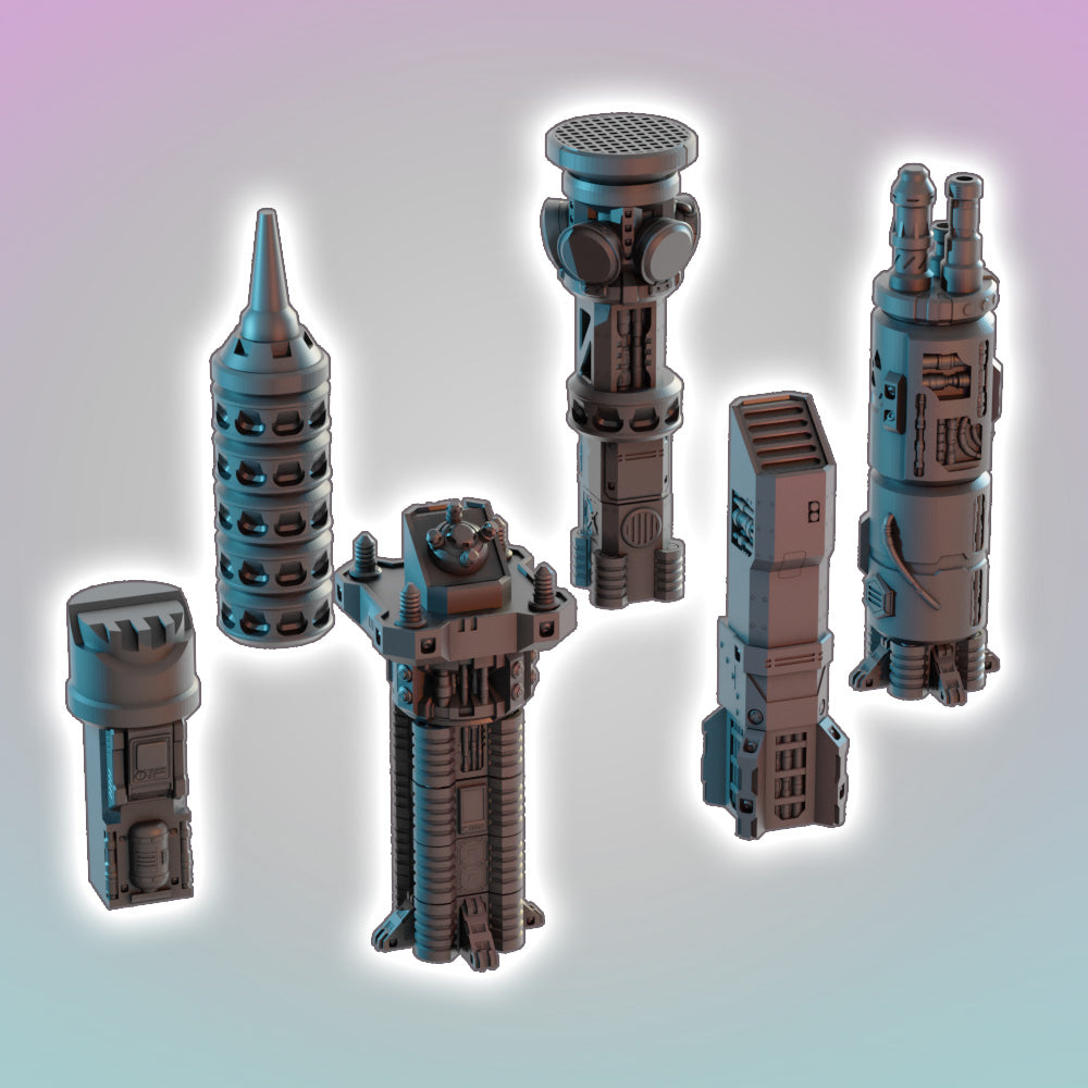 Flatline City: Second Wave - Pylon Array Towers - Sci-Fi Grimdark Miniatures by Saucermen Studios, Wargame Scale 3D Printed