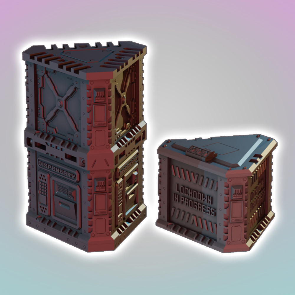 Flatline City: Second Wave - Ad Stand & Dispensary - Sci-Fi Grimdark Miniatures by Saucermen Studios, Wargame Scale 3D Printed