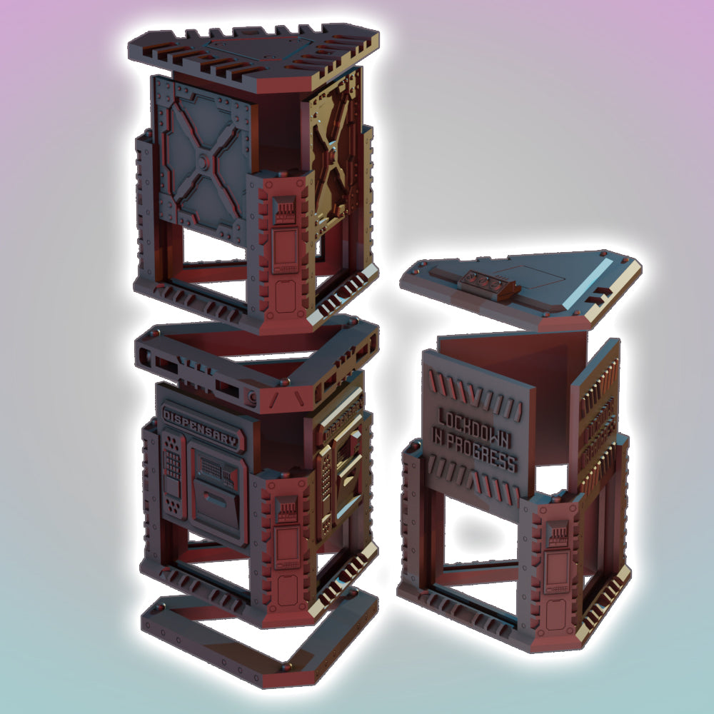 Flatline City: Second Wave - Ad Stand & Dispensary - Sci-Fi Grimdark Miniatures by Saucermen Studios, Wargame Scale 3D Printed - photo 2