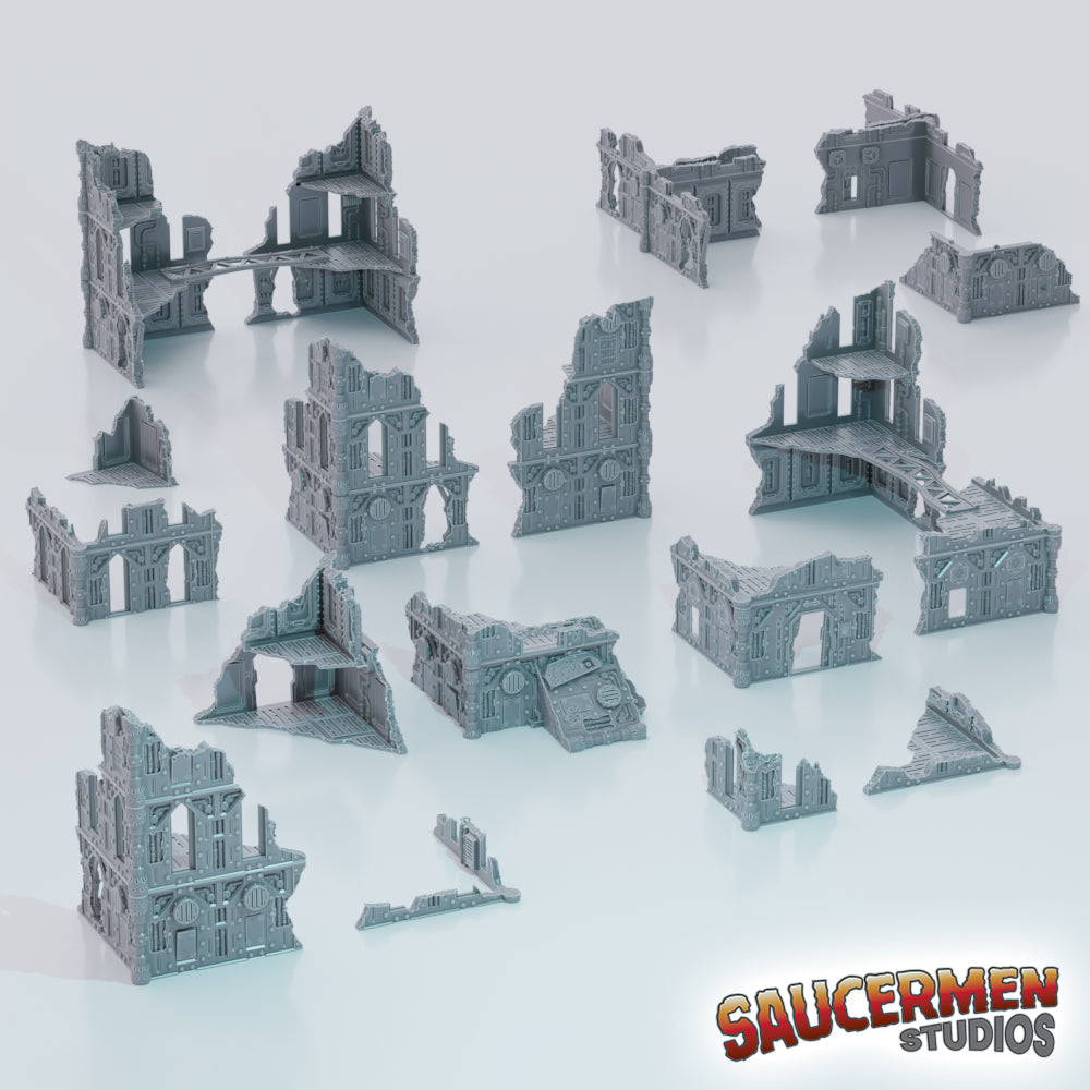 Gothic Factory City Ruins - Sci-Fi Grimdark Miniatures by Saucermen Studios, Wargame Scale 3D Printed