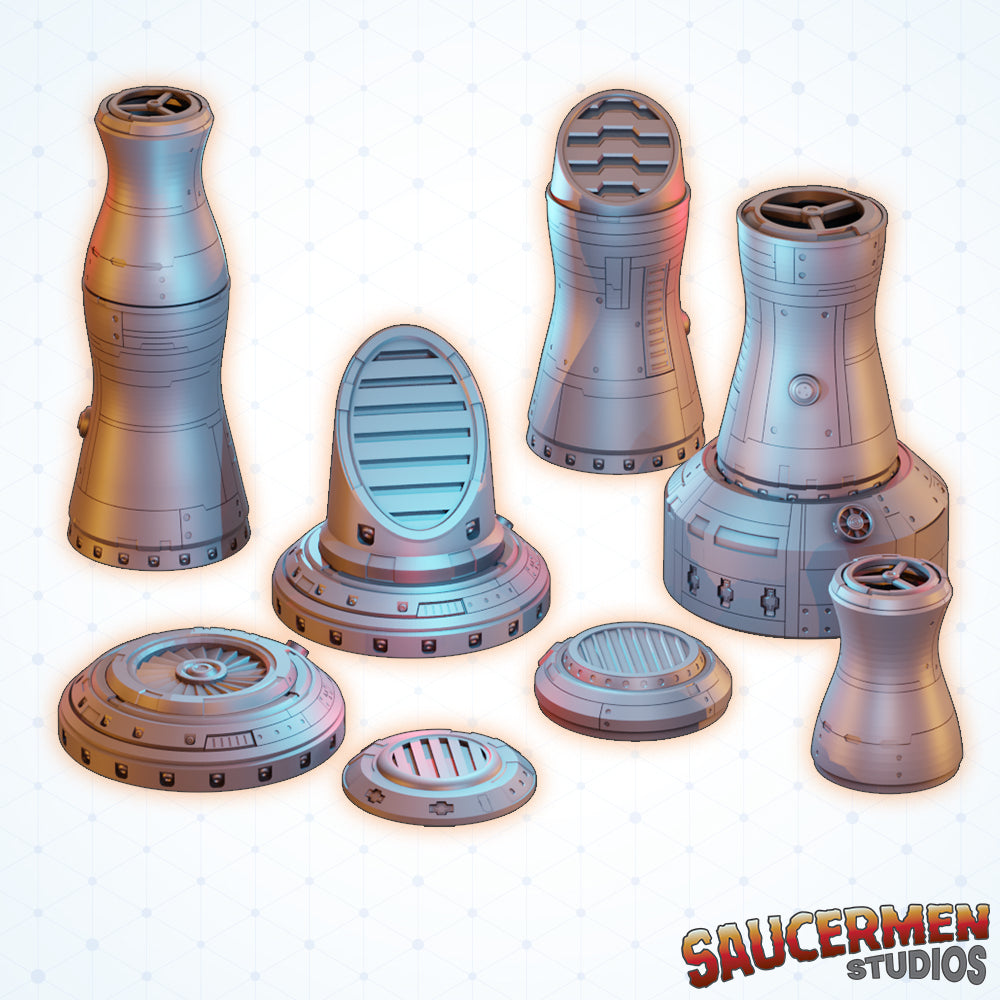 Modular Chimney Stacks - Sci-Fi Grimdark Miniatures by Saucermen Studios, Wargame Scale 3D Printed