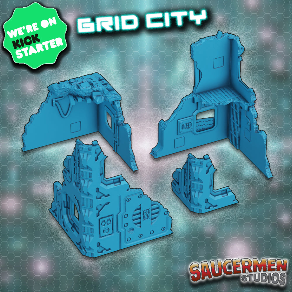 Grid City – Ruined Buildings - Sci-Fi Grimdark Miniatures by Saucermen Studios, Wargame Scale 3D Printed
