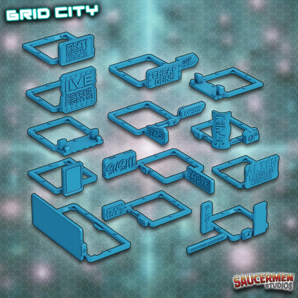 Grid City - Signage Pack One - Sci-Fi Grimdark Miniatures by Saucermen Studios, Wargame Scale 3D Printed