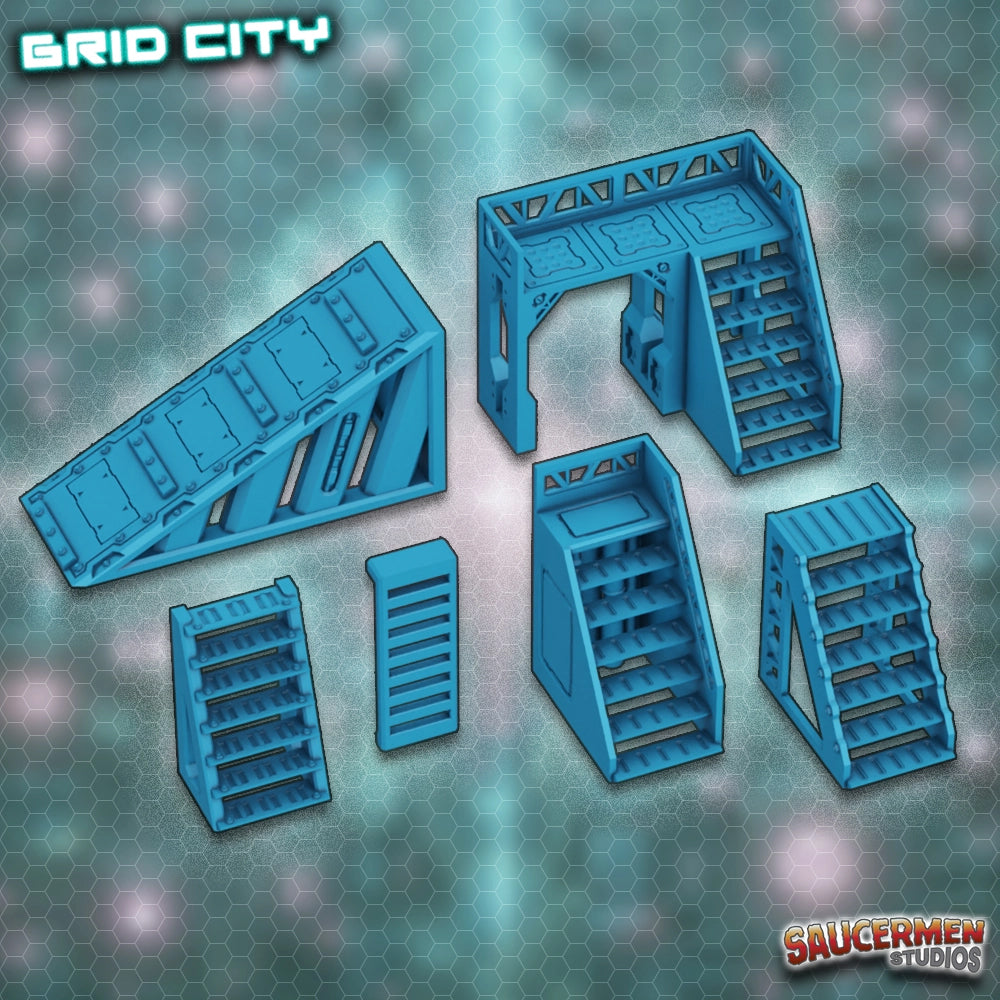 Grid City - Stairs & Ramps - Sci-Fi Grimdark Miniatures by Saucermen Studios, Wargame Scale 3D Printed