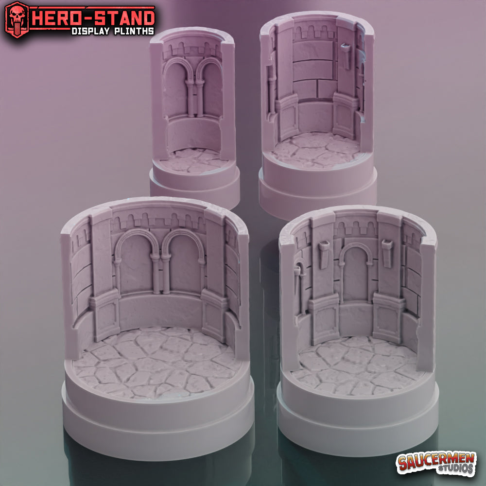 Hero-Stand Display Plinths – Catacombs Theme (Round) - Sci-Fi Grimdark Miniatures by Saucermen Studios, Wargame Scale 3D Printed
