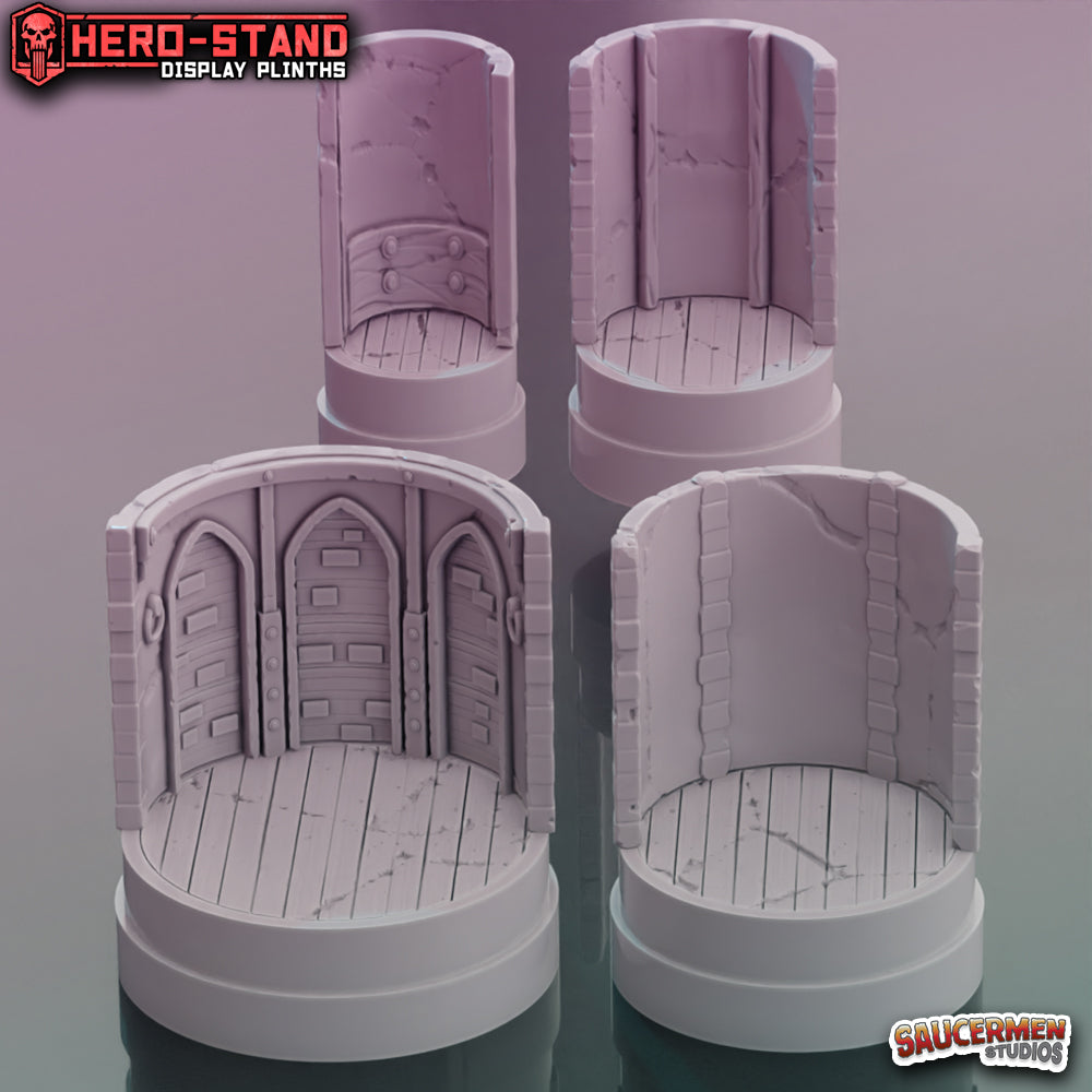Hero-Stand Display Plinths – Township Cellars (Round) - Sci-Fi Grimdark Miniatures by Saucermen Studios, Wargame Scale 3D Printed