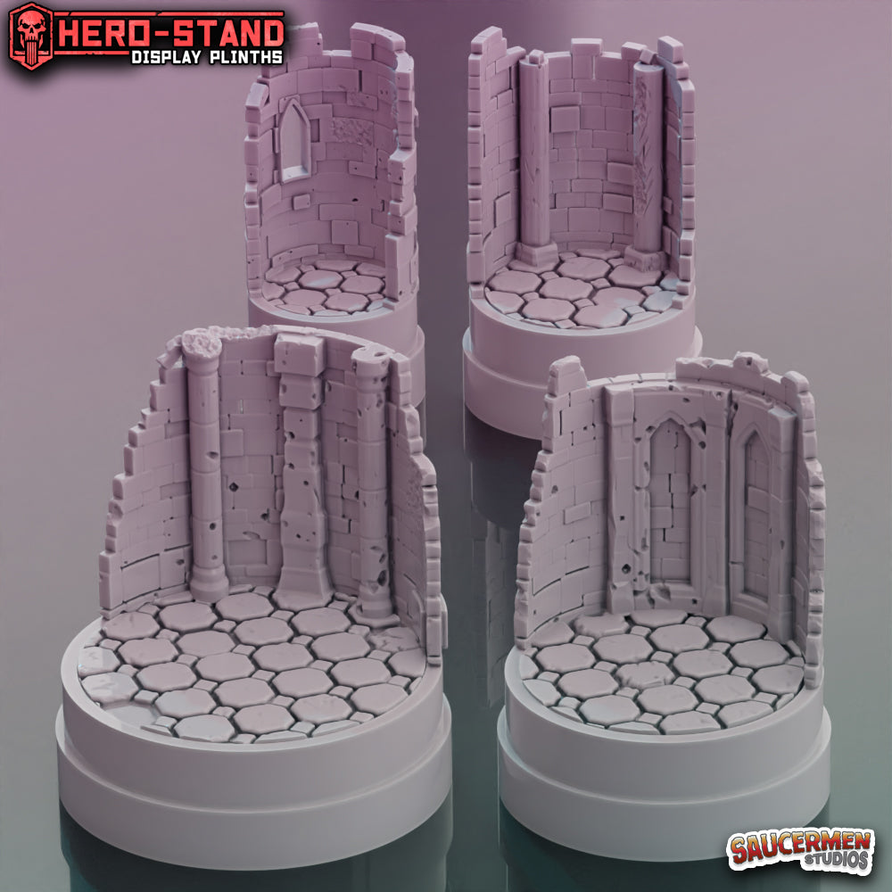 Hero-Stand Display Plinths – Dungeon Ruins Theme (Round) - Sci-Fi Grimdark Miniatures by Saucermen Studios, Wargame Scale 3D Printed