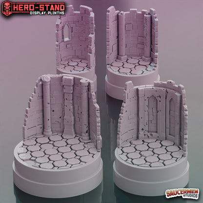 Hero-Stand Display Plinths – Dungeon Ruins Theme (Round) - Sci-Fi Grimdark Miniatures by Saucermen Studios, Wargame Scale 3D Printed