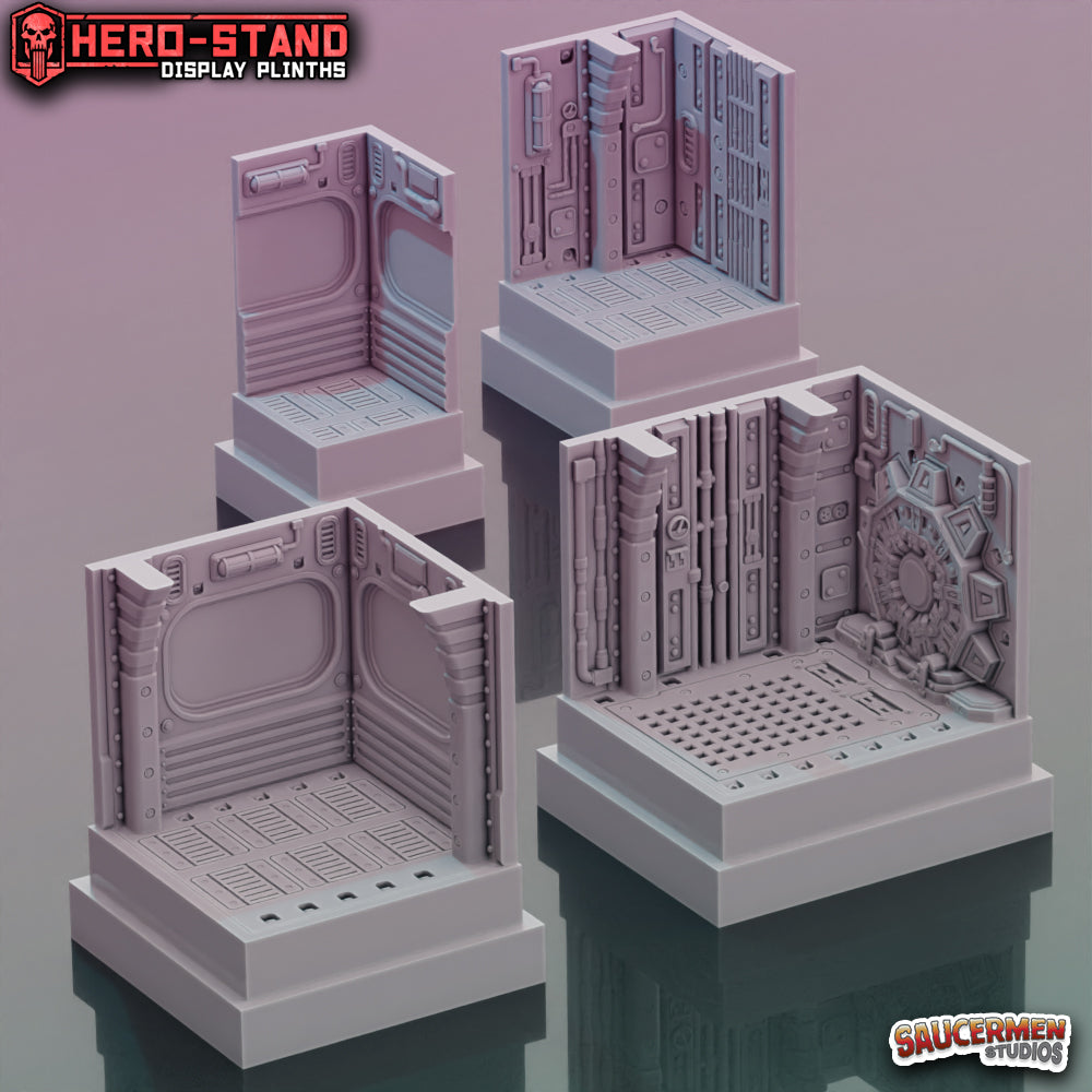 Hero-Stand Display Plinths – Retro Bunker Theme (Square) - Sci-Fi Grimdark Miniatures by Saucermen Studios, Wargame Scale 3D Printed