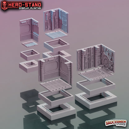 Hero-Stand Display Plinths – Retro Bunker Theme (Square) - Sci-Fi Grimdark Miniatures by Saucermen Studios, Wargame Scale 3D Printed - photo 2