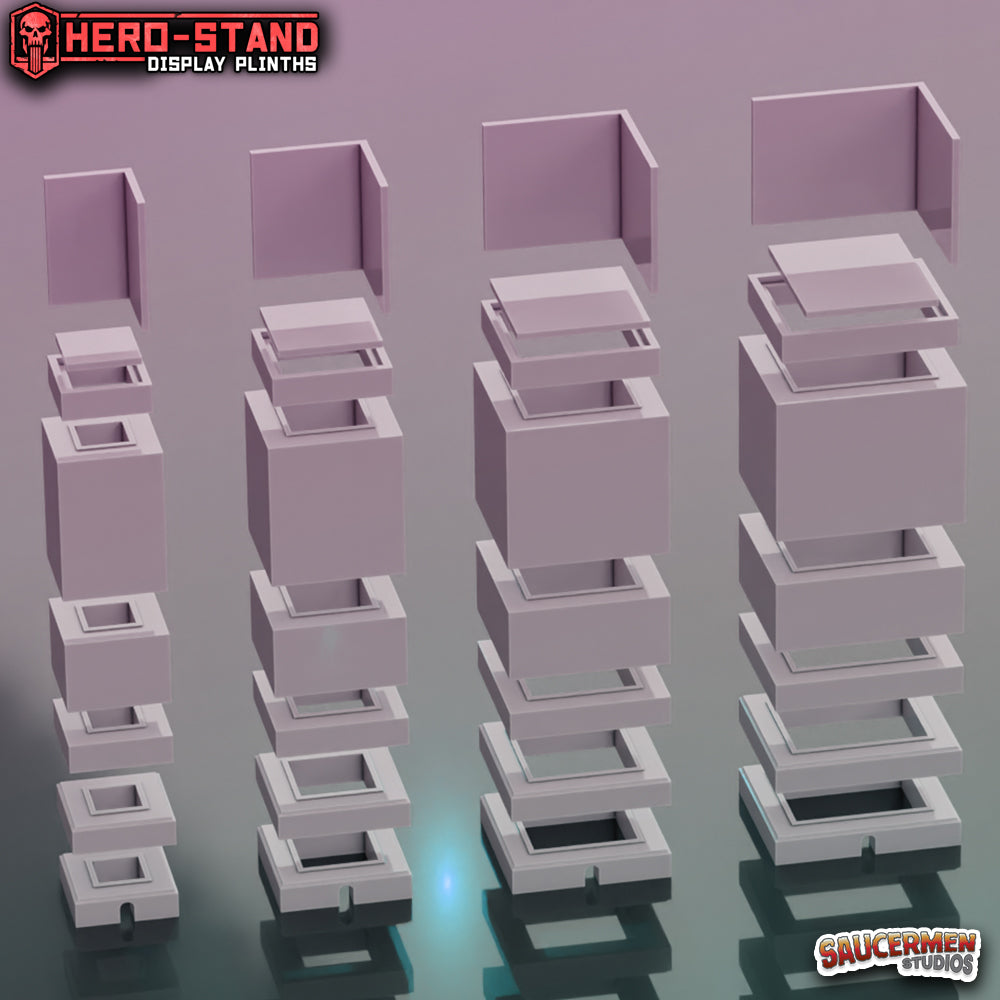 Hero-Stand Display Plinths – Blank Display Plinths (Square) - Sci-Fi Grimdark Miniatures by Saucermen Studios, Wargame Scale 3D Printed