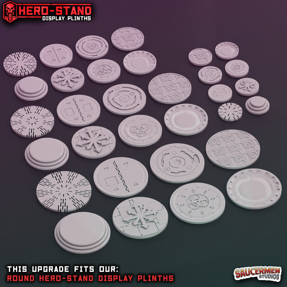 Hero-Stand Display Plinths – Floor Insert Upgrades Pack 1 (Round) - Sci-Fi Grimdark Miniatures by Saucermen Studios, Wargame Scale 3D Printed