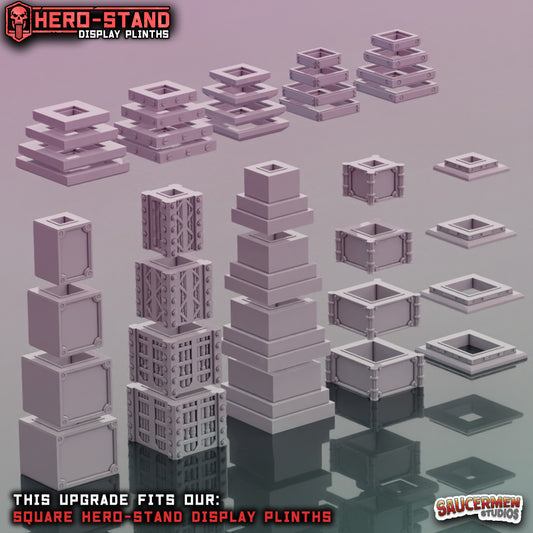 Hero-Stand Display Plinths – Base & Column Upgrade Pack 1 (Square) - Sci-Fi Grimdark Miniatures by Saucermen Studios, Wargame Scale 3D Printed