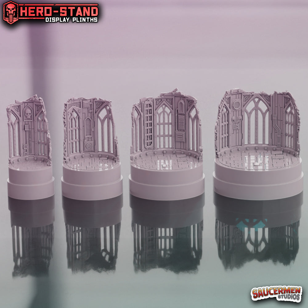 Hero-Stand Display Plinths – Gothic Ruins (Round) - Sci-Fi Grimdark Miniatures by Saucermen Studios, Wargame Scale 3D Printed