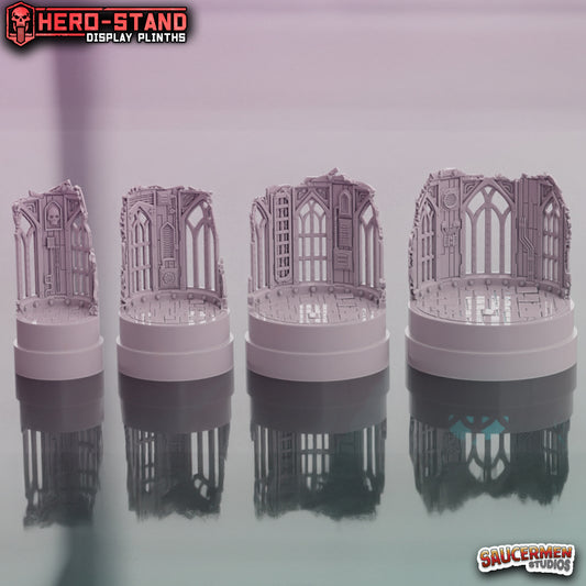 Hero-Stand Display Plinths – Gothic Ruins (Round) - Sci-Fi Grimdark Miniatures by Saucermen Studios, Wargame Scale 3D Printed