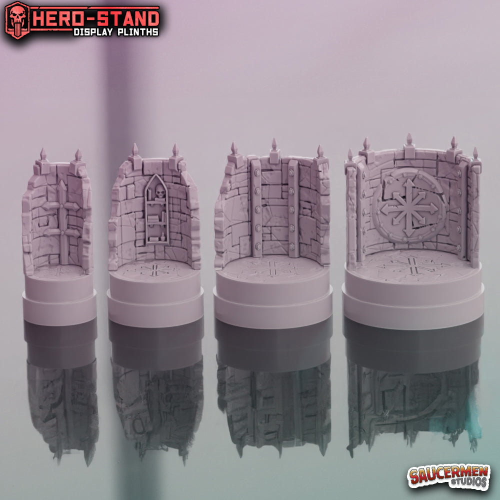 Hero-Stand Display Plinths – Forbidden Cult (Round) - Sci-Fi Grimdark Miniatures by Saucermen Studios, Wargame Scale 3D Printed