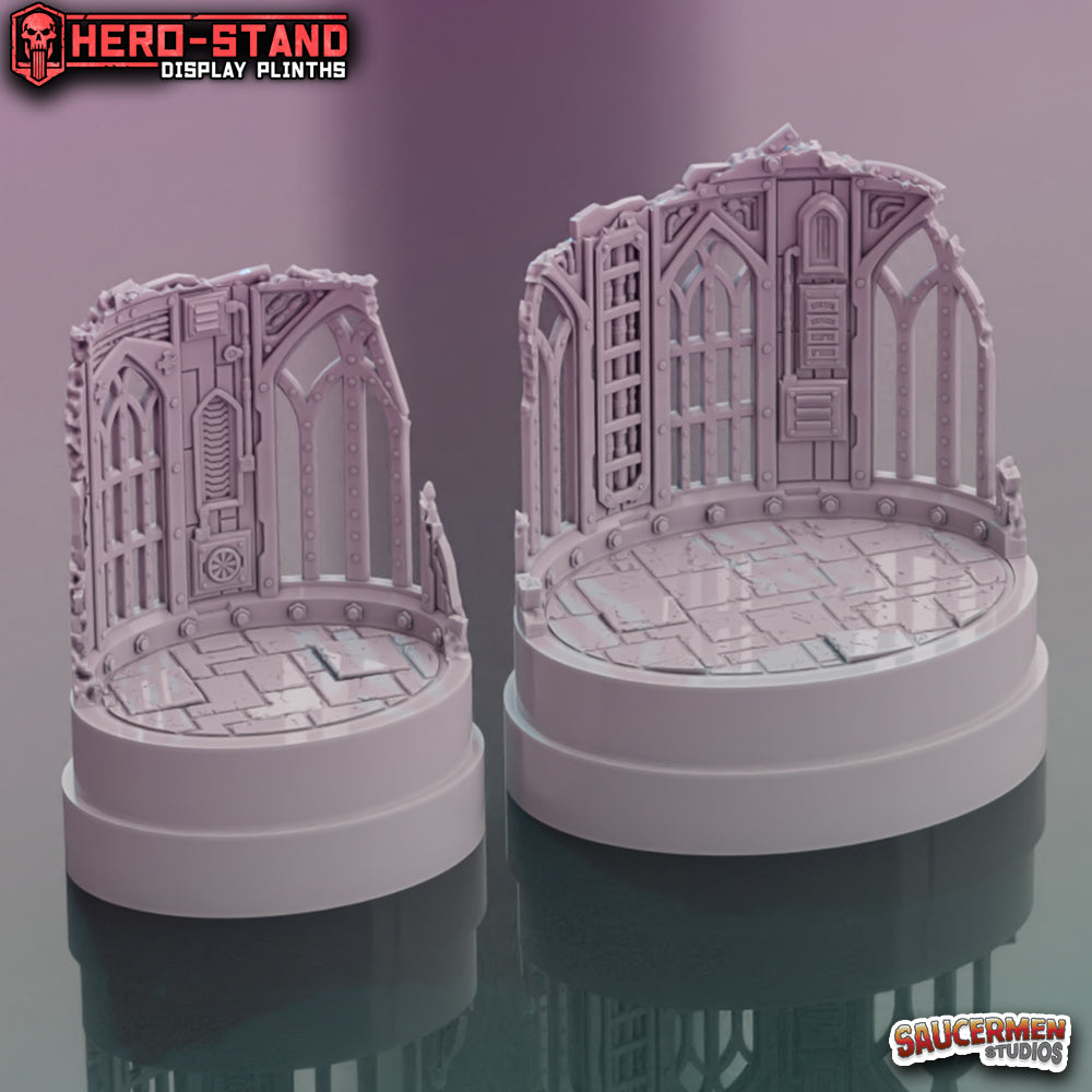 Hero-Stand Display Plinths – Gothic Ruins (Oval) - Sci-Fi Grimdark Miniatures by Saucermen Studios, Wargame Scale 3D Printed