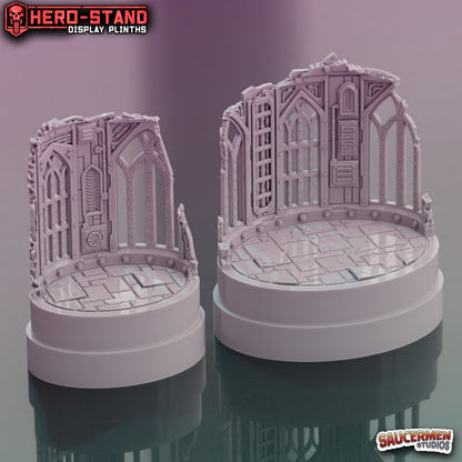Hero-Stand Display Plinths – Gothic Ruins (Oval) - Sci-Fi Grimdark Miniatures by Saucermen Studios, Wargame Scale 3D Printed